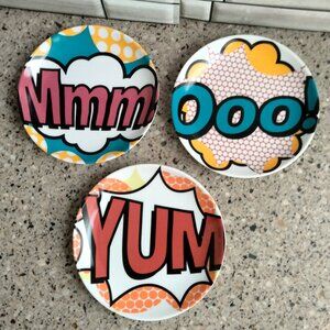 TRIO: New Pop Art Comic Book Appetizer Plates: Mmm! Ooo! Yum